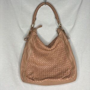 CHRISTOPHER KON leather shoulder bag woven nude peach golden hardware 12x4x14